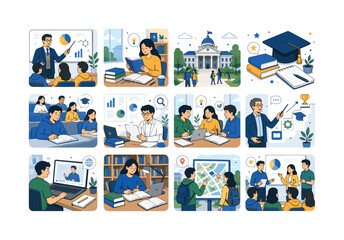 Fototapeta premium Higher Education Campus. Universities, teaching, professor, study collection, academic learning, campus life, research, and student development. 12 minimalist editorial vector scenes: a professor