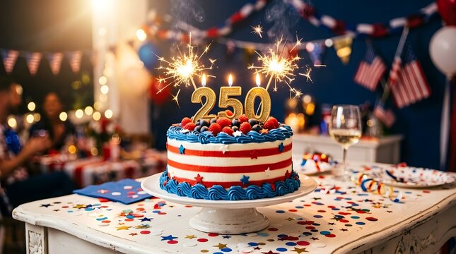 Festive 250th anniversary celebration cake with sparklers and patriotic decor