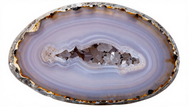 Polished agate geode slice with quartz crystals isolated on white