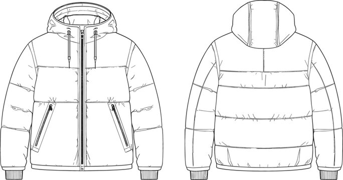 Hooded puffer jacket winter coat vector fashion technical sketch illustration template showing front and back view for mockups