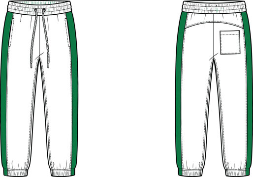 Jogger pants sweatpants vector fashion technical sketch illustration template showing front and back view with green side stripes mockups