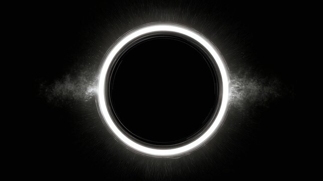 Abstract Black Circle with Bright White Luminous Ring and Particle Burst Effect on Black Background, Representing Power, Mystery, and a Dynamic Energy Concept, Ideal for Modern Design Elements