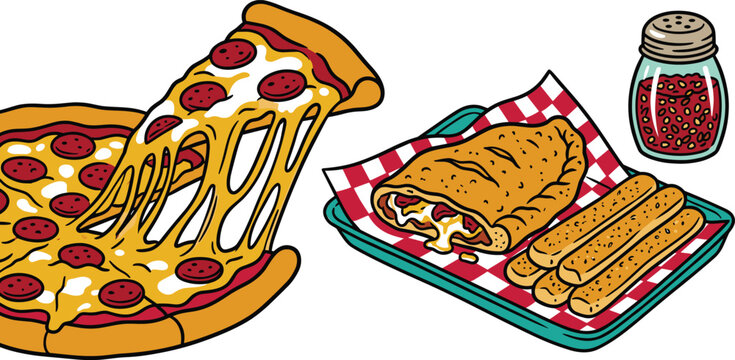 Cute cartoon pepperoni pizza with dramatic cheese pull calzone turnover breadsticks on tray and red pepper flakes shaker vector illustration concept