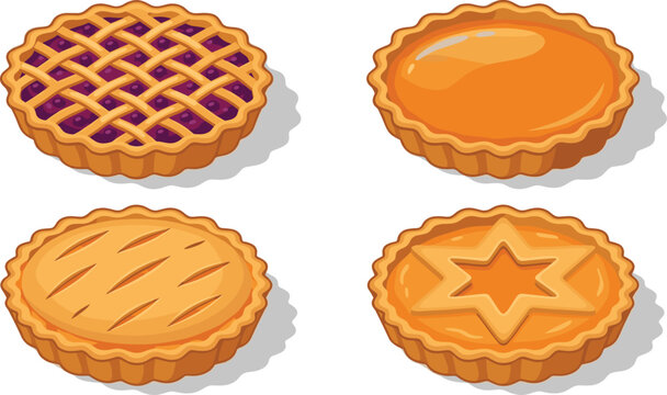 Sweet homemade pie vector illustration set featuring various baked desserts including lattice blueberry berry pie pumpkin tart and apple crust pastry