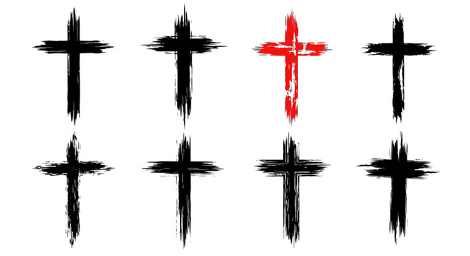 Grunge Christian cross icons set, 8 hand drawn brush stroke crucifix symbols, black and red religious vector elements for church graphic design