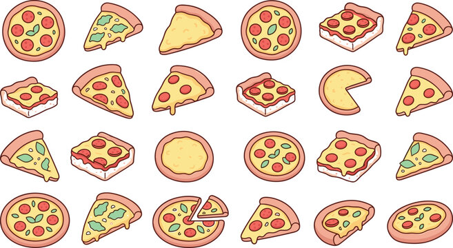 Cute cartoon pizza slice and whole pie seamless pattern vector set featuring pepperoni cheese margherita and Detroit style square pizzas