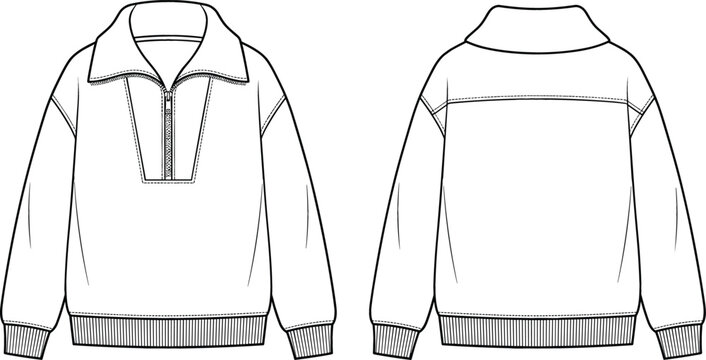 Oversized half zip sweatshirt vector fashion technical sketch illustration template showing front and back view for design apparel mockups