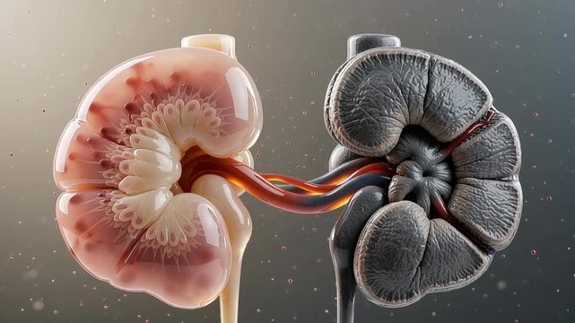 Healthy Translucent Kidney And Dark Shriveled Diseased Kidney Comparison Animation For Nephrology Medical Presentation With Copy Space