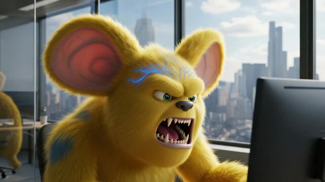 Furry Yellow Creature with Electric Markings Angry at Computer Screen in Office