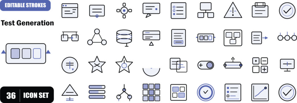 A comprehensive set of minimalist, dual-tone vector line icons featuring clean black outlines with soft blue accents for automated software QA and LLM-driven test generation. This pack perfectly repre