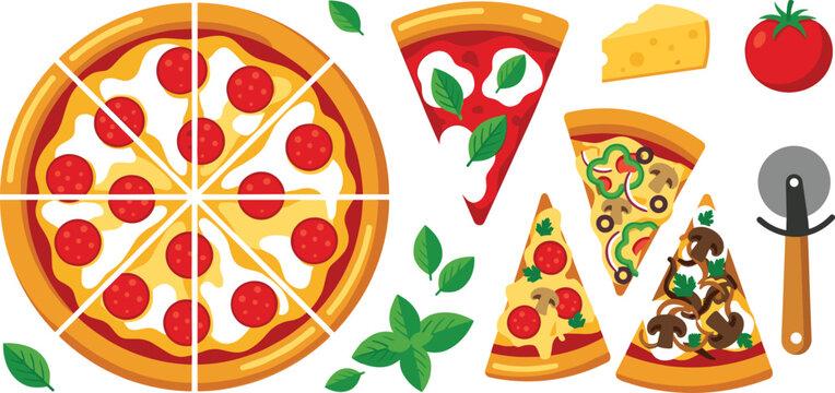 Flat design pizza slices vector illustration featuring a whole sliced pepperoni pie margherita supreme mushroom slice cheese tomato and cutter wheel