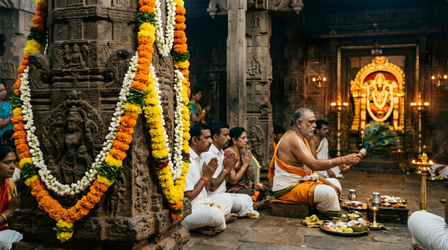 Nirjala ekadashi lord vishnu devotees praying in ancient hindu temple