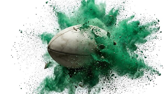 American football impact exploding green powder and leather ball