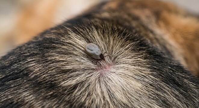 Tick on dog's skin closeup, Lyme disease and encephalitis risk concept