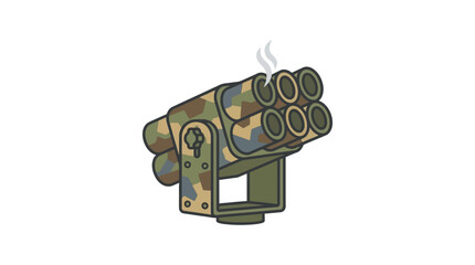 Illustration of a camouflaged multi-barreled machine gun with smoke coming out, set against a plain white background. © Dhiyak