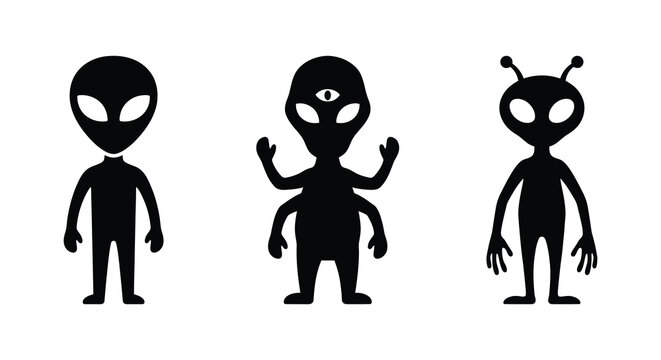 Black Silhouette Of Three Alien Figures With Varied Eye And Limb Configurations