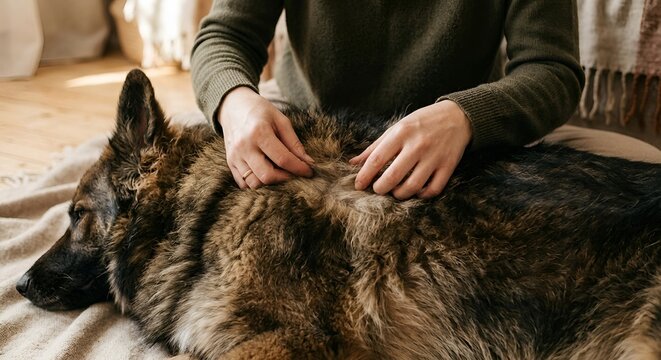 Owner checking German Shepherd's thick fur for ticks and fleas at home