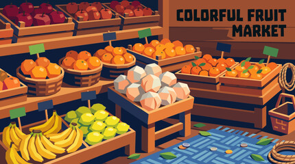 colorful fruit market food shop store retail business commerce interior display products marketplace shopping fresh produce wooden display stands © Ethan