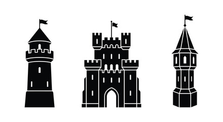 Black Silhouette Of Three Medieval Castles And Towers Against A White Background © APIM02SN