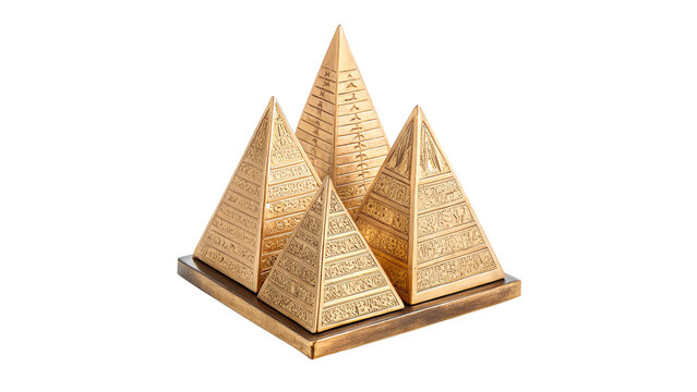 Three small golden pyramid models stacked behind each other isolated on transparent background