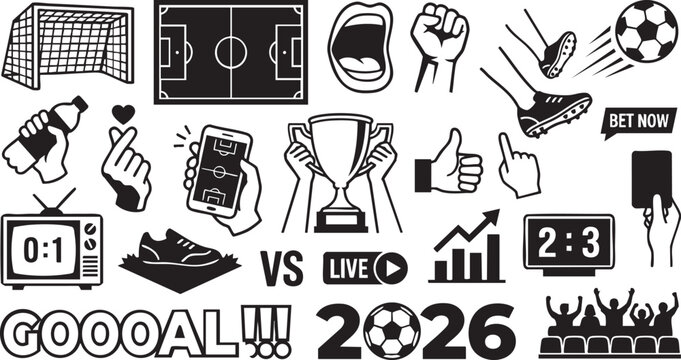 Soccer vector illustration set with various sports icons and symbols for betting, football, and live streaming in black and white design