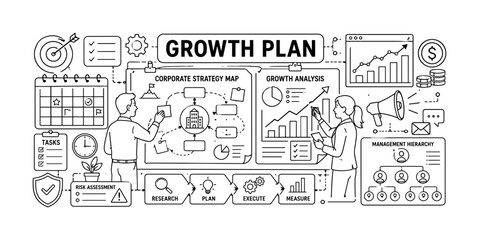 Naklejka premium Business Structure Growth. Clean outline line art banner of business structure: two managers organizing an oversized corporate strategy map and a giant growth analysis board across the full canvas,