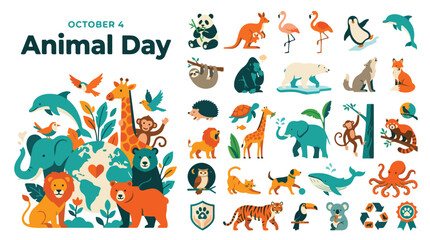 Obraz premium World Animal Day vector collection, diverse wildlife icons for October 4 celebration, flat cartoon zoo and forest animals set, nature conservation graphics