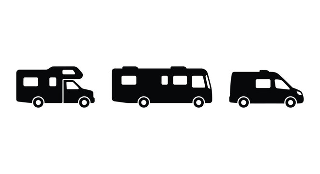 Black Silhouette Of Three Recreational Vehicles On A White Background campervan