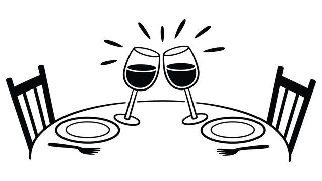 Two wine glasses clinking on a table set for two people indoors