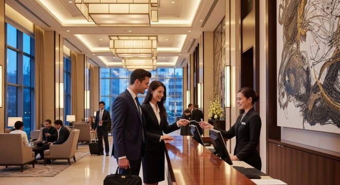 A well-dressed couple checks in at a modern hotel front desk with a smiling female concierge.