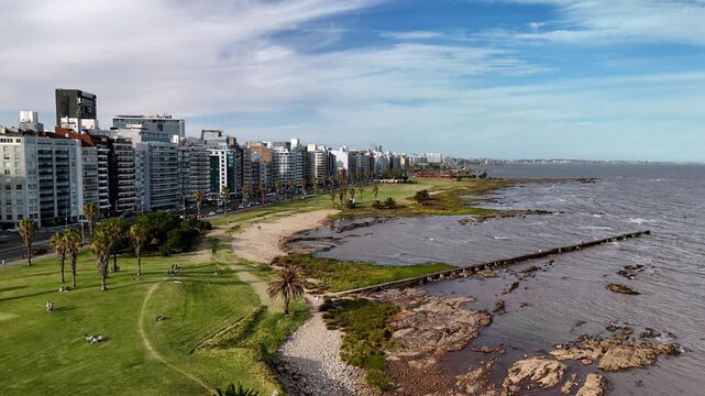 Aerial drone view of Punta Brava promenade and coastline, Montevideo, Uruguay