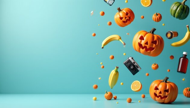 Halloween pumpkins oranges and bananas float. Vintage cameras and bottles fly. Festive autumn objects fall on bright blue background. Fall holiday concept.