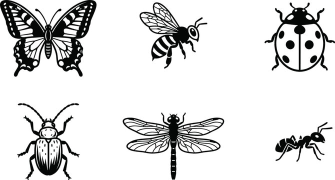 Garden Insects and Bugs Black Silhouette Vector Icon Set Featuring Butterfly Honeybee Ladybug Beetle Dragonfly and Ant for Wildlife and Nature Logo Designs