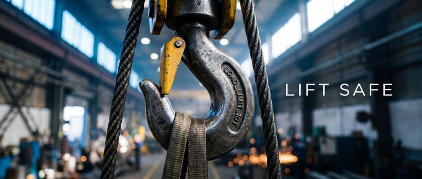 Industrial crane hook lifting strap hanging in factory workshop with lift safe text representing workspace safety regulations, occupational standards, heavy rig infrastructure, and cargo hoisting.