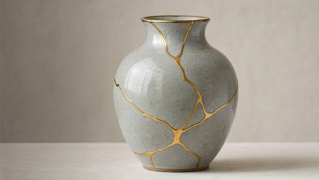 bennington. Shattered ceramic vase repaired with golden lacquer, kintsugi art on simple background. event programs, museum guides, designed for cultural heritage projects and event programs.