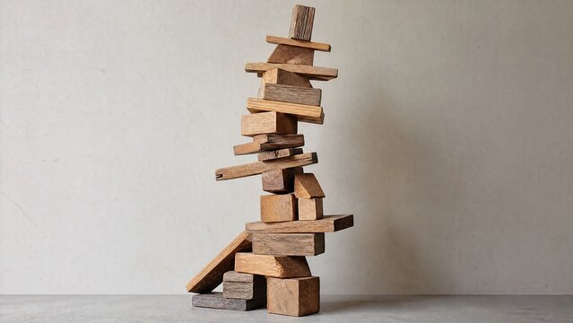 precarious. A precarious tower of wooden blocks stacked at unstable angles. lifestyle magazines, social media lookbooks, designed for lifestyle magazines and social media content.
