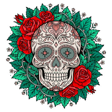 Mexican sugar skull with red roses vintage vector illustration