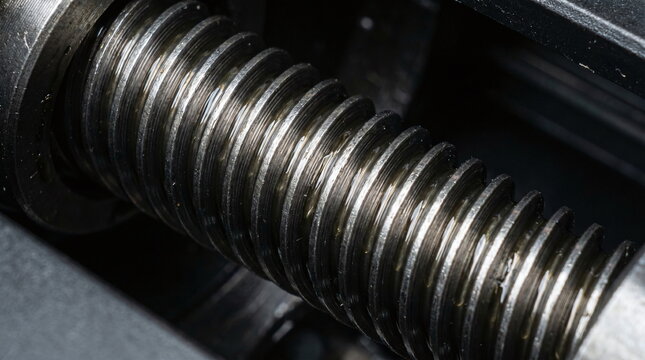 Macro close up of a lubricated threaded metal lead screw from a 3d printer axis mechanism