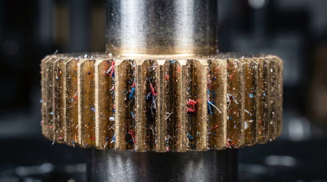Macro close-up of a dirty brass extruder gear from a 3d printer clogged with colorful plastic filament shavings