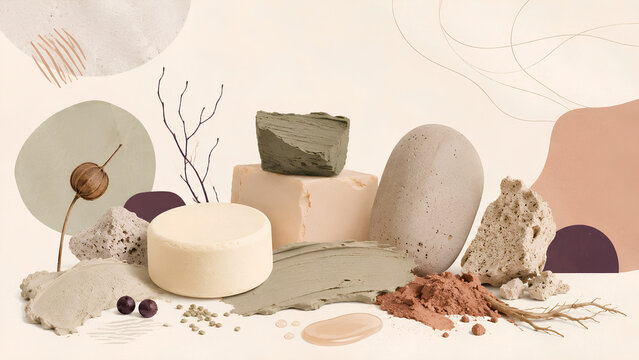Sculptural cosmetic formulation still life with solid beauty bars raw clay blocks and mineral stones