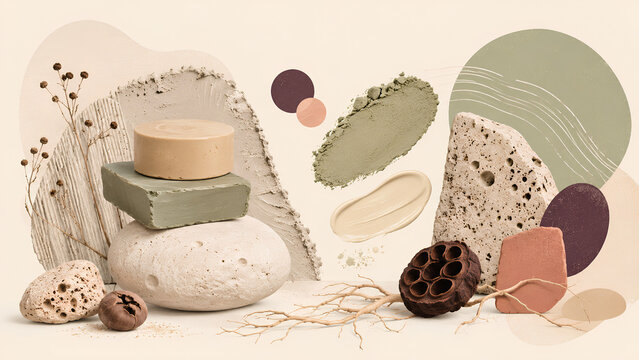 Sculptural cosmetic formulation still life with solid beauty bars raw clay blocks and mineral stones