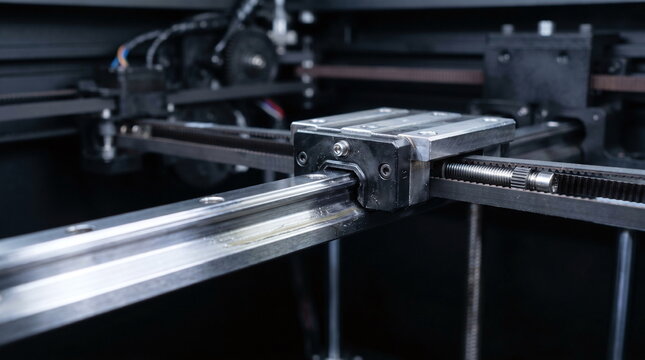 Macro close-up of a high-precision linear rail guide and bearing carriage with timing belt inside a 3d printer