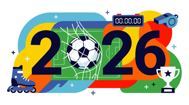 Large 2026 text with a soccer ball in a goal net, surrounded by a stopwatch, trophy, roller skate, and whistle on colorful abstract shapes