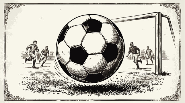 Vintage engraving style soccer ball with players running on a grass field near a goal post, framed decorative border