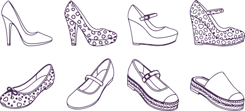 Fashionable high heel shoes and wedges with polka dots and straps for stylish feminine footwear.