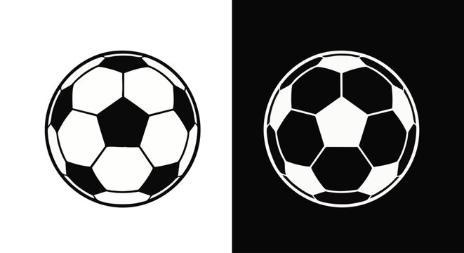 Two soccer ball one black on white and one white on black, featuring a traditional hexagonal and pentagonal panel pattern