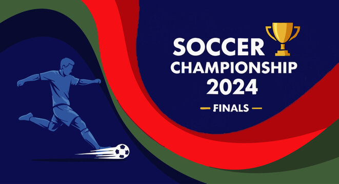 Soccer championship 2024 finals banner with a blue silhouette player kicking a ball and a golden trophy on a wavy multicolored background