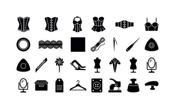 Gothic Tailor Icons. Solid glyph icon set of stylish corset tailoring objects: brocade corset, leather corset, halter corset, peplum corset, corset belt, bustier cup, metal eyelet, lace ribbon, satin