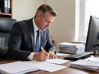 Obraz premium Professional businessman in suit writing documents at his office desk with a computer.
