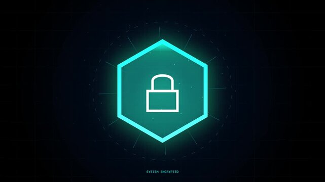 Digital Security Icon with Glowing Hexagon and Lock Symbol.